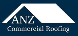Illustration of ANZ Commercial Roofing with a stylized white roof graphic on a dark background.