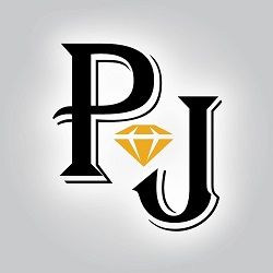 Stylized letters "P" and "J" with a yellow diamond shape between on a gray background.