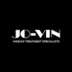 Logo with text: "JO-VIN Window Treatment Specialists" on a black background.