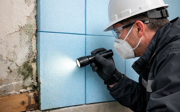 Ein Gutachter inspiziert den Schimmel in direkter Nähe zu den hellblauen XPS Platten.