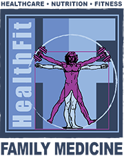 Logo with Vitruvian Man holding dumbbells, text "HealthFit" on the left.