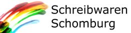 Bunte Pinselstriche neben dem Text "Schreibwaren Schomburg" auf weißem Hintergrund.