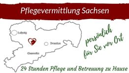 Karte von Sachsen mit Pflegevermittlung, 24h Pflegebetreuung, Städte: Leipzig, Dresden, Chemnitz.
