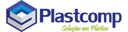 Logotipo da Plastcomp: cubo azul e texto "Soluções em Plástico" em verde abaixo do nome.