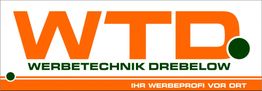 Logo mit orange-grünem Text: "WTD Werbetechnik Drebelow - Ihr Werbeprofi vor Ort".