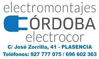 Logotipo de Electromontajes Córdoba con dirección y teléfonos en Plasencia.