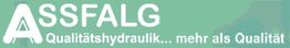 Text "ASSFALG Qualitätshydraulik... mehr als Qualität" auf grünem Hintergrund.