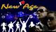 Menschensilhouetten tanzen vor "New Age"-Schriftzug; modernes, futuristisches Design.