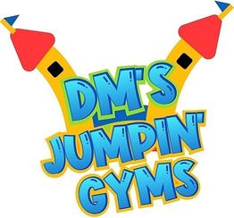 Colorful logo with text "DM's Jumpin' Gyms" and castle shapes.