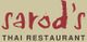 Schriftzug "sarod's" in Rot, darunter "Thai Restaurant" in Schwarz auf hellbeigem Hintergrund.