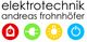 Logo mit Schriftzug "elektrotechnik andreas frohnhöfer" und vier bunten Symbolen darunter.