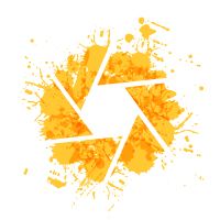 Abstraktes gelbes Farbspritzer-Design in einer kreisförmigen, segmentierten Form.