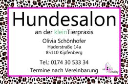 Hundesalon-Werbung mit Kontaktdaten und Adresse, eingerahmt von einem Leopardenmuster.