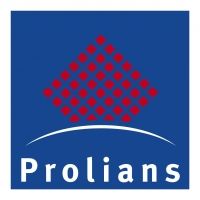 Logo de Prolians avec un motif rouge et blanc sur fond bleu.