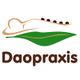 Logo mit stilisierter Massage, braunen Steinen und Text "Daopraxis" darunter, in Grün und Braun.