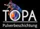 Logo mit bunter Dekoration, Text "TOPA Pulverbeschichtung" auf schwarzem Hintergrund.