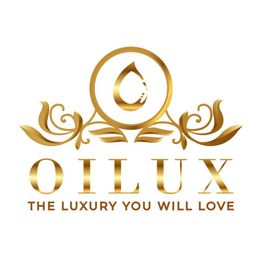Goldenes Logo "OILUX" mit dekorativer Ornamentik und Slogan "THE LUXURY YOU WILL LOVE".