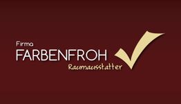 Logo mit dem Text "Firma FARBENFROH Raumausstatter" und einem gelben Häkchen auf rotem Hintergrund.