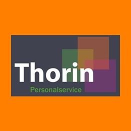 Logo mit Schriftzug "Thorin Personalservice" auf grauem Hintergrund mit farbigen Quadraten, orange Rahmen.