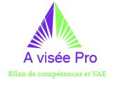 Logo d'A visée Pro avec un triangle violet et vert et le texte "Bilan de compétences et VAE".
