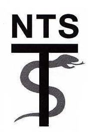 Schwarze Buchstaben "NTS" und T-förmiges Symbol mit grauer Schlange, die sich um das T windet.