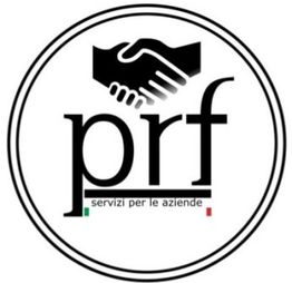 Logo con stretta di mano, testo "prf, servizi per le aziende", dettagli tricolore italiano.