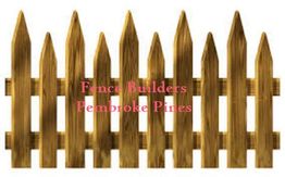 Wooden picket fence with the text "Fence Builders Pembroke Pines" in pink over it.