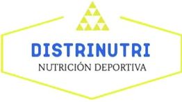 Logo de Distrinutri, nutrición deportiva, con triángulo amarillo y borde hexagonal amarillo.