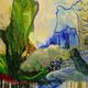 Abstract schilderij met groene, blauwe en paarse vormen op een kleurrijke achtergrond.
