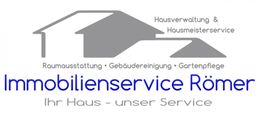 Logo von Immobilienservice Römer mit Hausgrafik und Leistungen: Verwaltung, Reinigung, Gartenpflege.