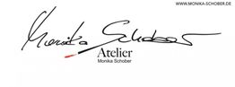 Unterschrift "Monika Schober", darunter "Atelier Monika Schober" mit rotem Pinselstrich.
