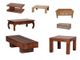 Verschiedene Holztische auf weißem Hintergrund, in unterschiedlichen Formen und Designs.
