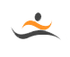 Logo stilizzato di una persona su un'onda, con forme curve arancioni e nere.