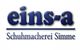 Logo mit Text: "eins-a" und "Schuhmacherei Simme" in blauer Schrift auf weißem Hintergrund.