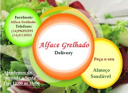 Brochura do Alface Grelhado Delivery com contato e horário de atendimento sobre salada.