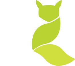 Grünes Logo eines stilisierten Fuchses mit Blättern als Körper auf weißem Hintergrund.
