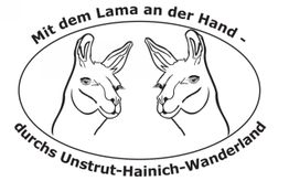 Zwei Lama-Zeichnungen in einem ovalen Rahmen mit dem Text "Mit dem Lama an der Hand".