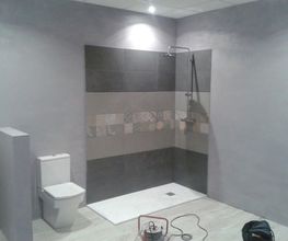 Ducha moderna con azulejos decorativos y un inodoro, en un baño de diseño sencillo y minimalista.