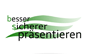 Text: "besser sicherer präsentieren" in Grün und Schwarz mit wellenförmigem Design.
