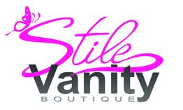 Logo "Stile Vanity Boutique" con scritta in rosa e grigio, e farfalla stilizzata.
