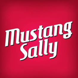 Texto em branco: "Mustang Sally" em fundo vermelho.