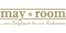Logo mit Text "may room ...vom Babybauch bis zur Zuckertüte" in goldener Schrift.