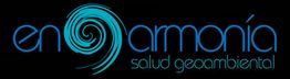 Texto azul "en armonía, salud geoambiental" con un remolino en lugar de la "a".