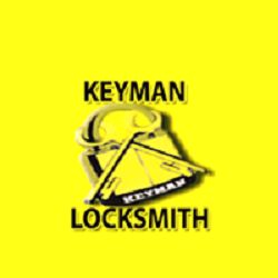 Logo with "Keyman Locksmith" text on a bright yellow background, featuring a key design.