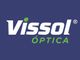 Logotipo da Vissol Óptica com fundo azul escuro e texto em branco e verde.