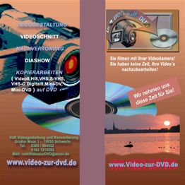 Flyer mit Werbetext für Videobearbeitung und Konvertierung auf DVD, Landschaftsbild und Logos.
