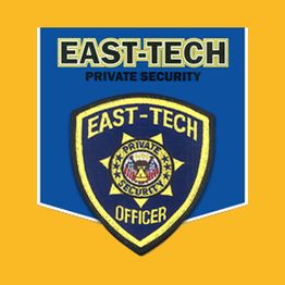 Blue and yellow East-Tech Private Security badge on a yellow background.