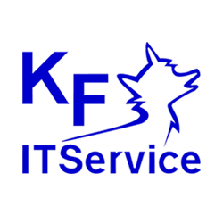 KF ITService Logo in Blau mit stilisierter Wolfs- oder Fuchskontur.