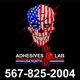 Skull with American flag design, "ADHESIVES LAB USA NORTH," contact: 567-825-2004.