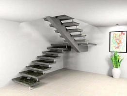 Escada moderna em um cômodo branco com planta em vaso e quadro na parede.